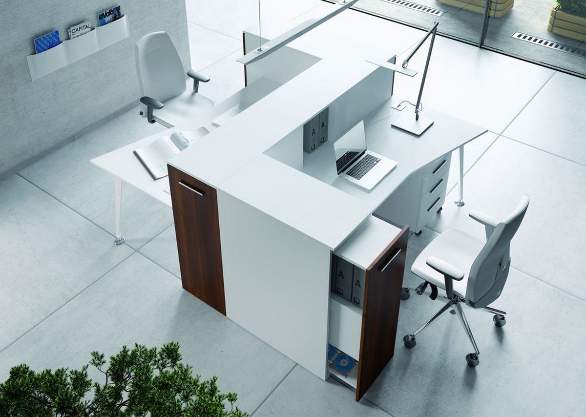 Białe meble biurowe EVO, podwójne biurko, szafki biurowe przy biurku